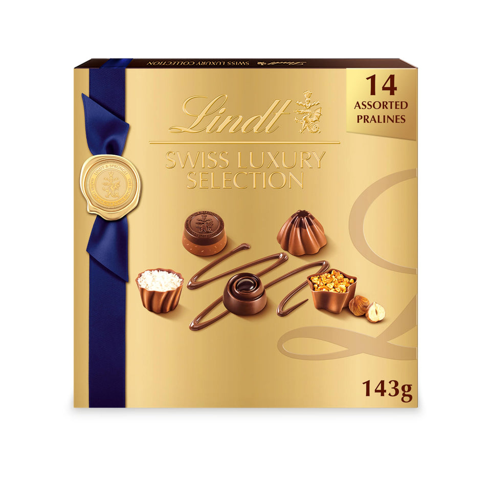 Lindt Swiss Luxury Selection 14-count box, premium gift-ready presentation.