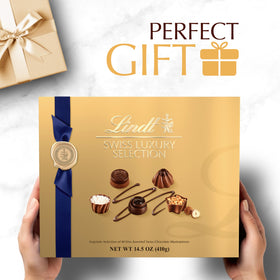 Lindt Swiss Luxury Selection gourmet detail shot showcases delicate wrappers and finish.