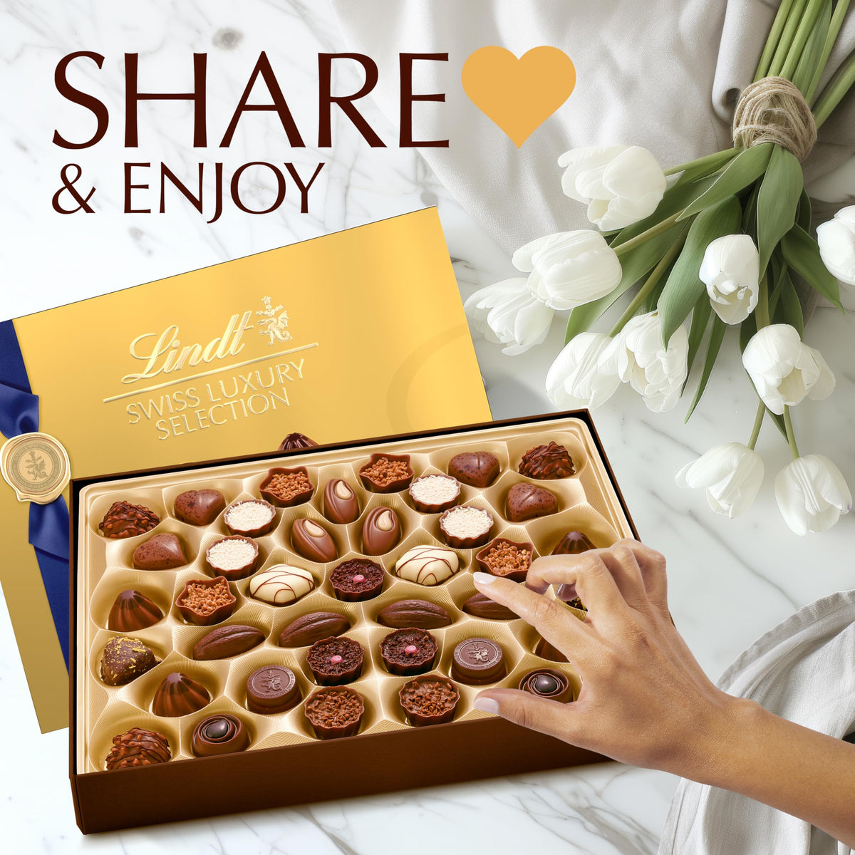 Lindt Swiss Luxury Selection pralines in milk, dark, and white chocolate for varied tasting.