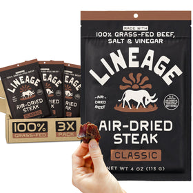 Lineage Provisions grass-fed air-dried steak pack opens to a protein-packed snacking moment