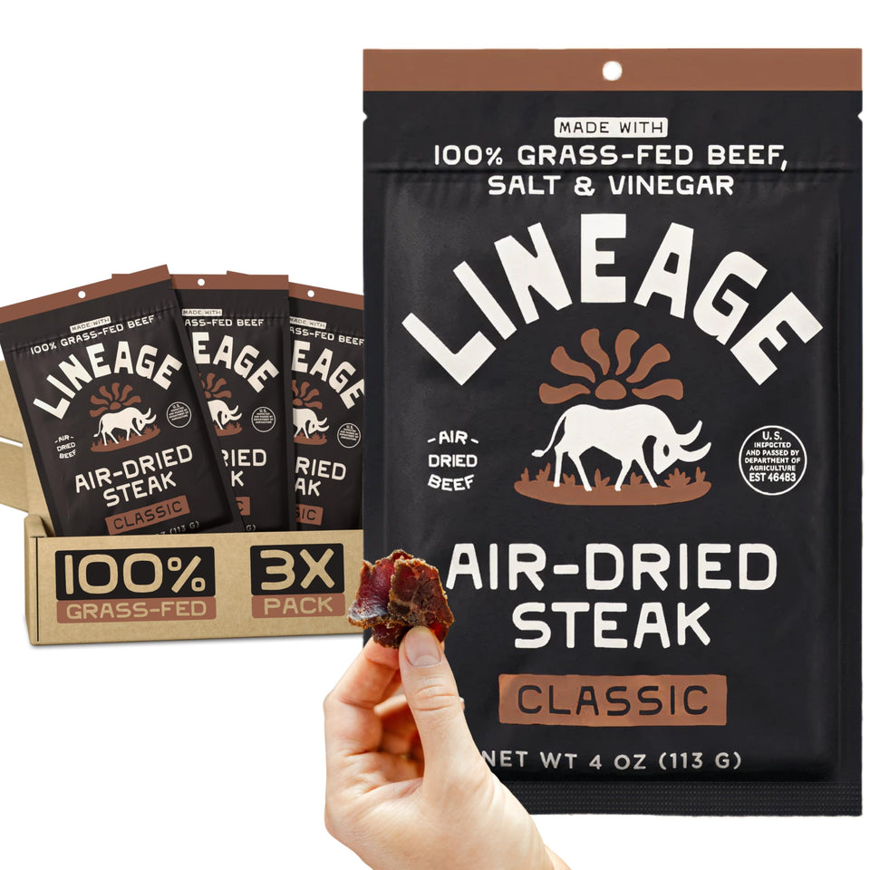 Lineage Provisions grass-fed air-dried steak pack opens to a protein-packed snacking moment