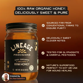Lineage Provisions honey glass jar hero emphasizes premium raw sweetness.