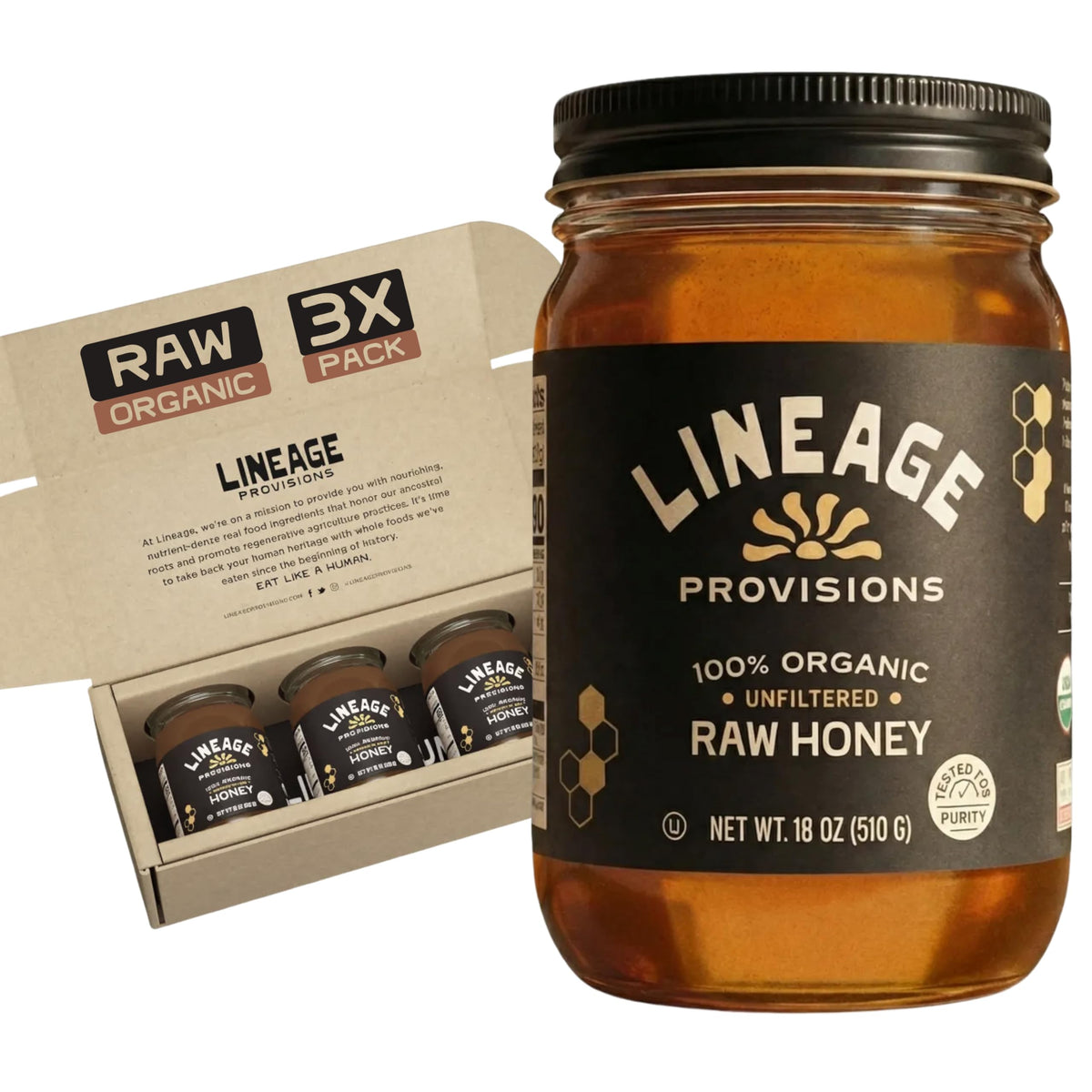 Lineage Provisions honey jar close-up highlights raw, unfiltered quality.