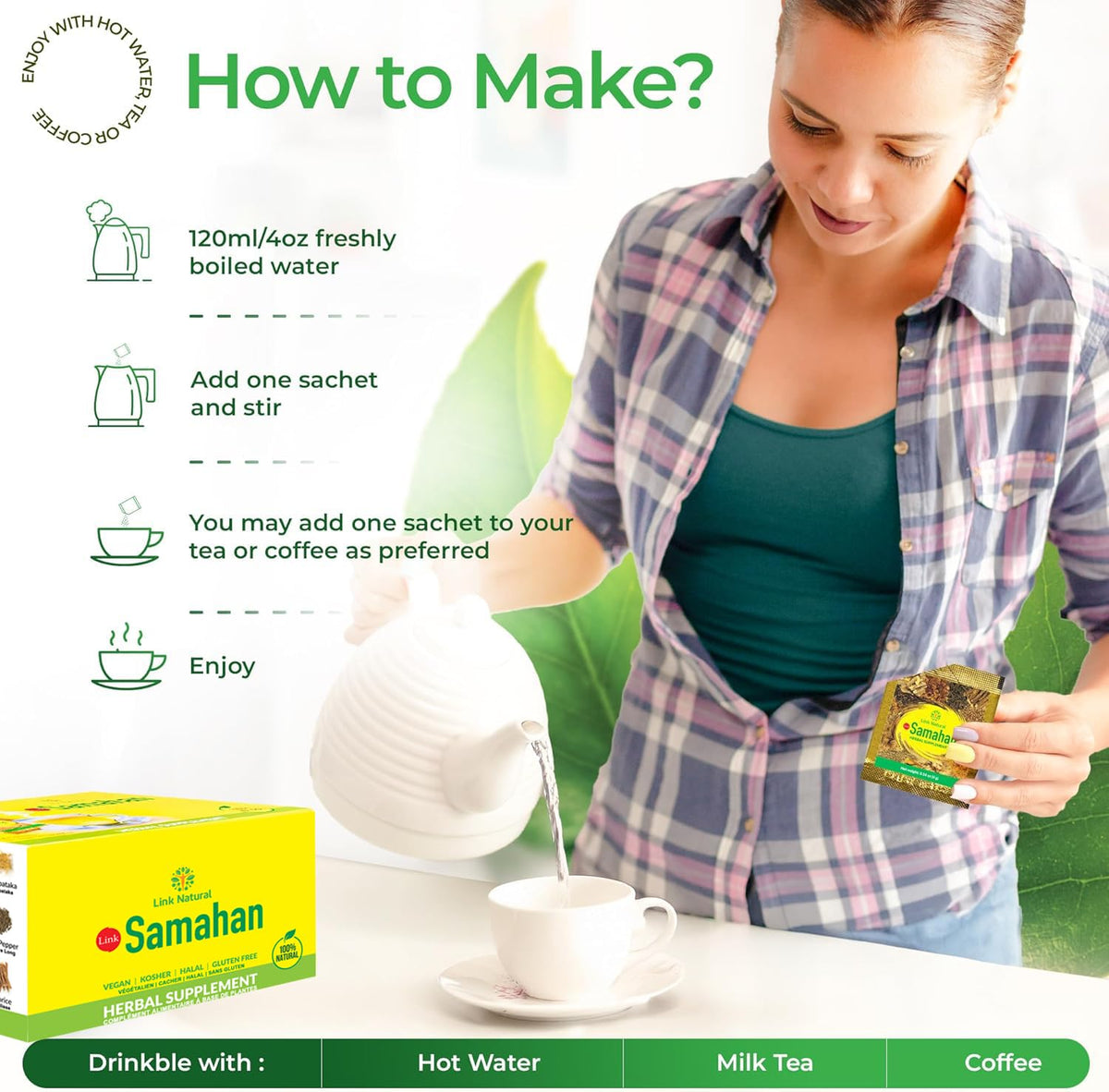 Link Samahan tea bag closeup highlighting vibrant herb mix for flavor