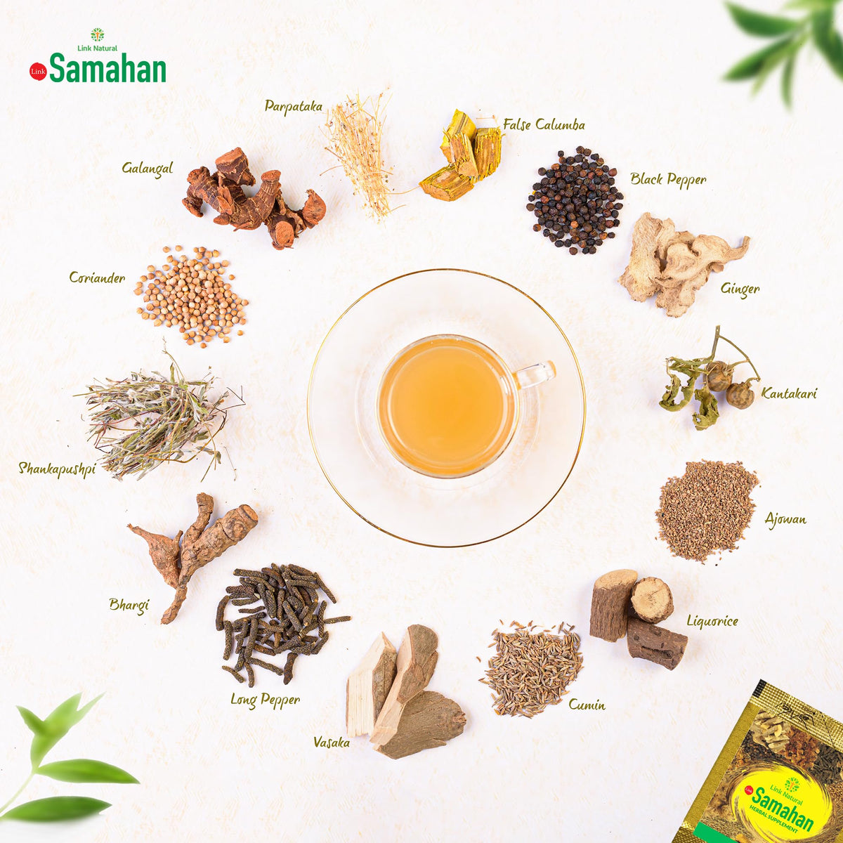 Link Samahan tea bags beside a mug for easy, daily use