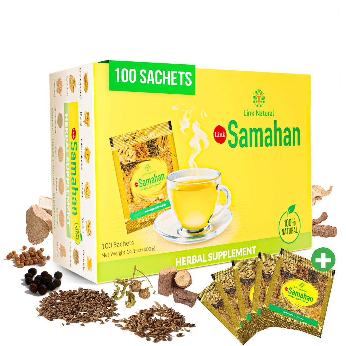 LINK SAMAHAN Samahan tea packaging highlights a 14-herb blend for daily wellness.