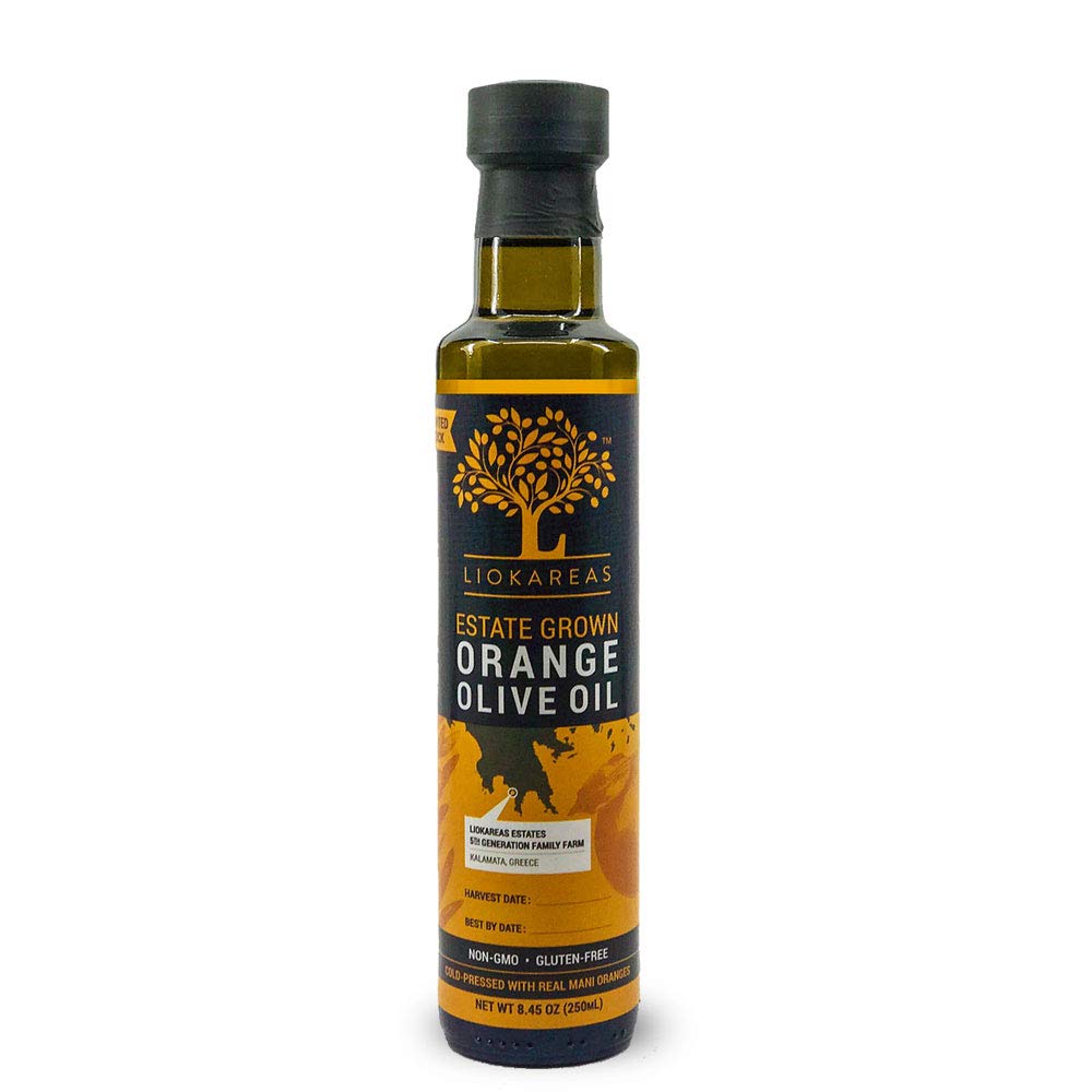 Liokareas Orange Olive Oil bottle ready for versatile drizzle in everyday cooking.