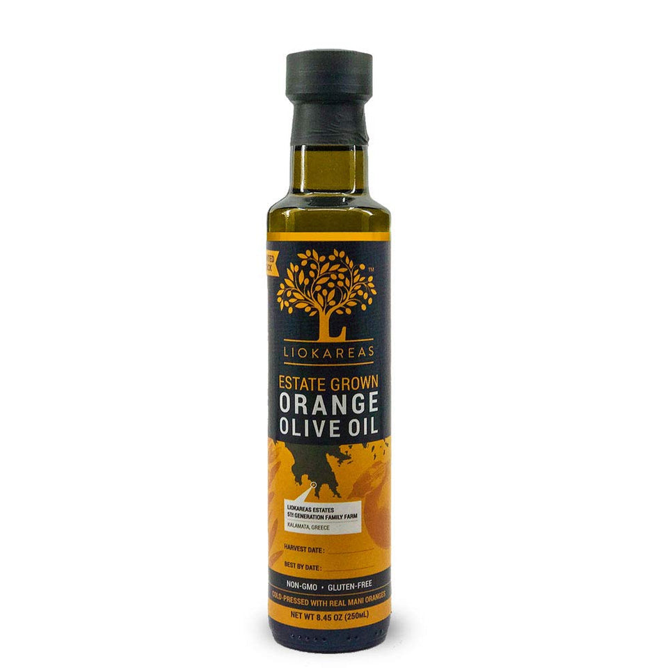 Liokareas Orange Olive Oil bottle ready for versatile drizzle in everyday cooking.