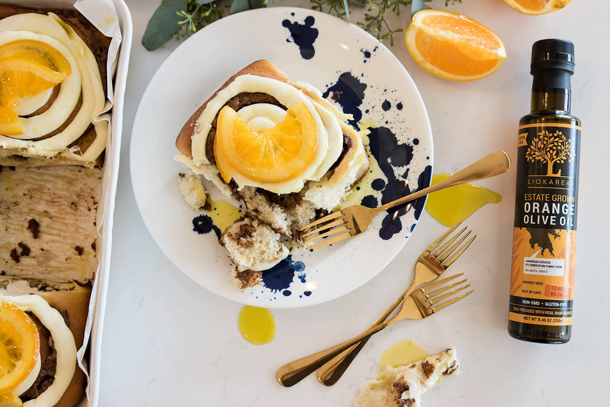Liokareas Orange Olive Oil drizzle on salad highlights bright citrus flavor.