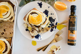Liokareas Orange Olive Oil drizzle on salad highlights bright citrus flavor.