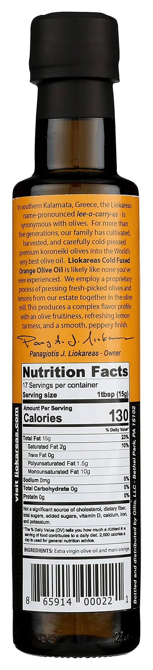 Liokareas orange olive oil supports paleo and keto cooking.
