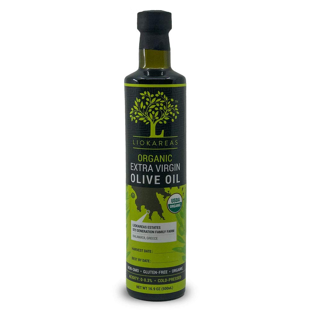 Liokareas Organic EVOO bottle close-up ideal for dressings and sautéing