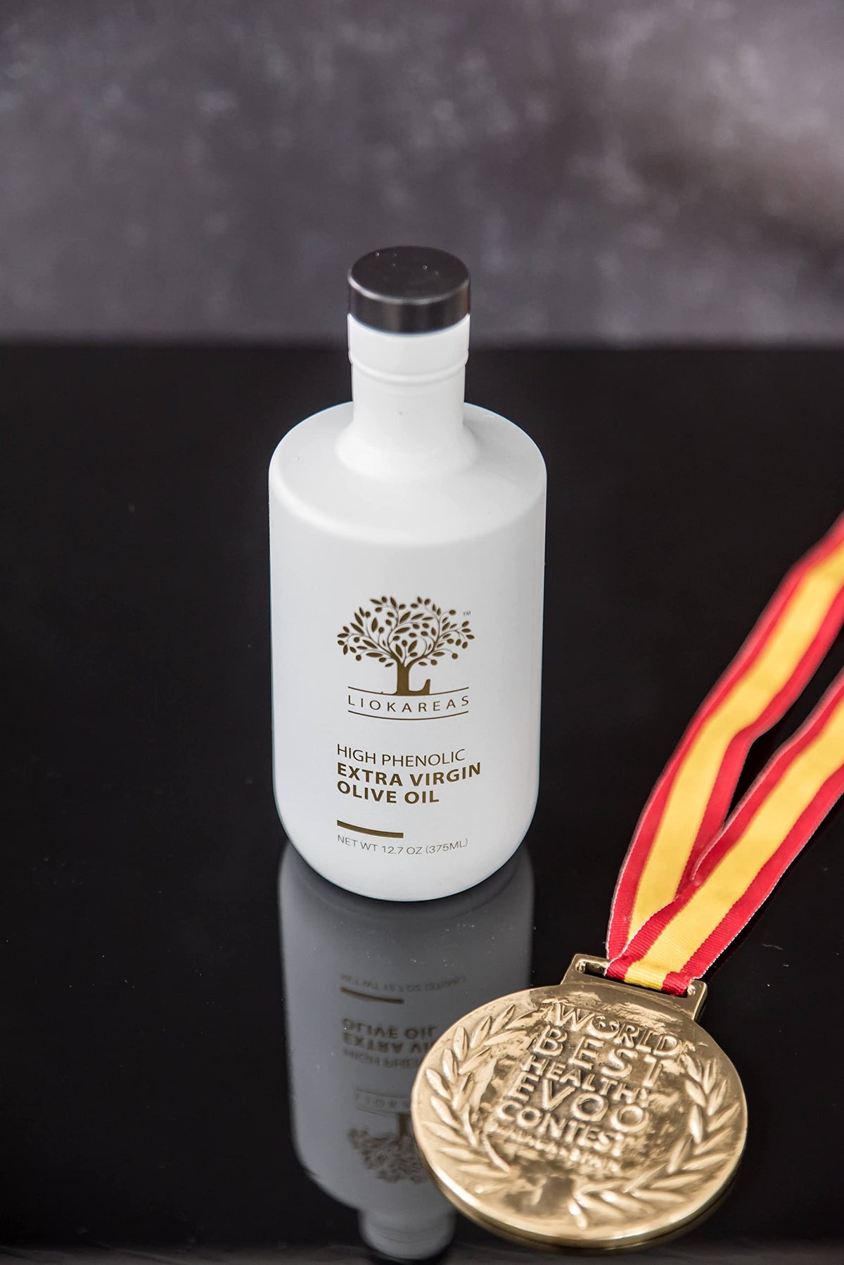Liokareas Rx High Phenolic EVOO label detail shows harvest origin and polyphenol richness.