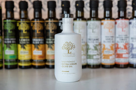 Liokareas Rx High Phenolic EVOO pour reveals vibrant color and silky texture.