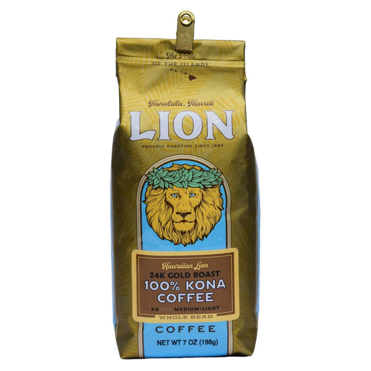 Lion Coffee 24K Gold Roast Kona beans in premium bag, ready to brew.