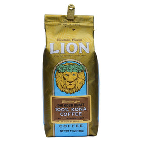Lion Coffee 24K Gold Roast Kona beans in premium bag, ready to brew.