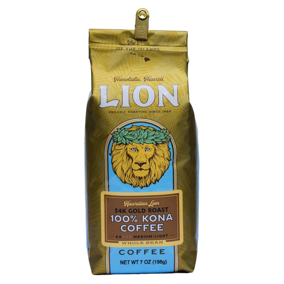 Lion Coffee 24K Gold Roast Kona beans in premium bag, ready to brew.