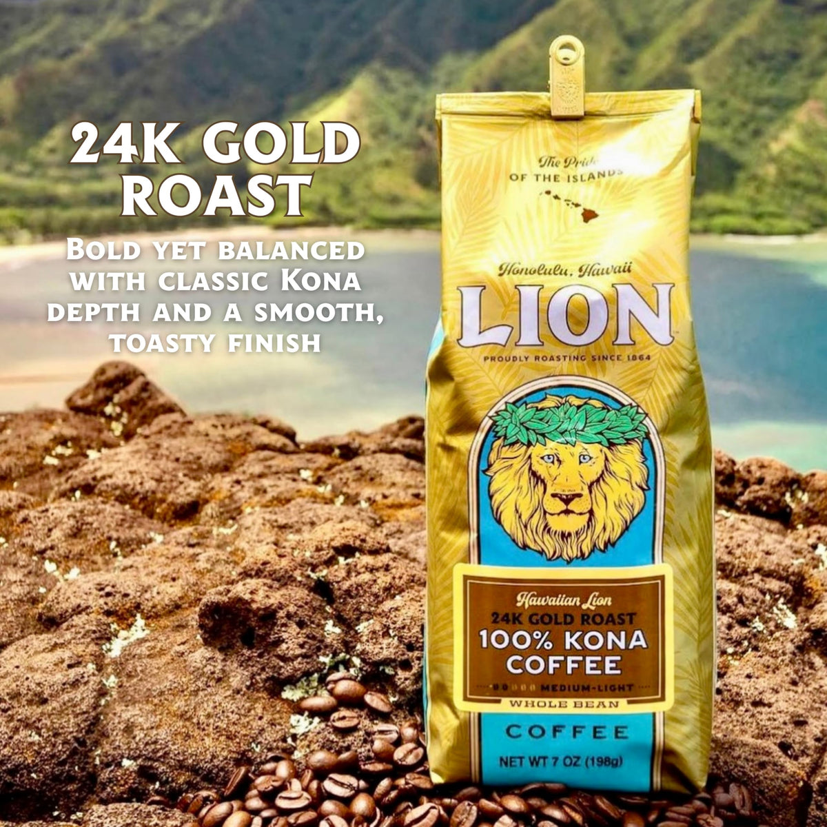 Lion Coffee 24K Gold Roast Kona beans close-up highlighting authentic Kona flavor.