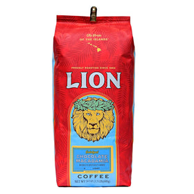 Lion Coffee chocolate macadamia flavored ground coffee in 24oz bag with tropical aroma.