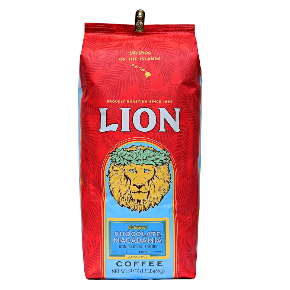 Lion Coffee chocolate macadamia flavored ground coffee in 24oz bag with tropical aroma.