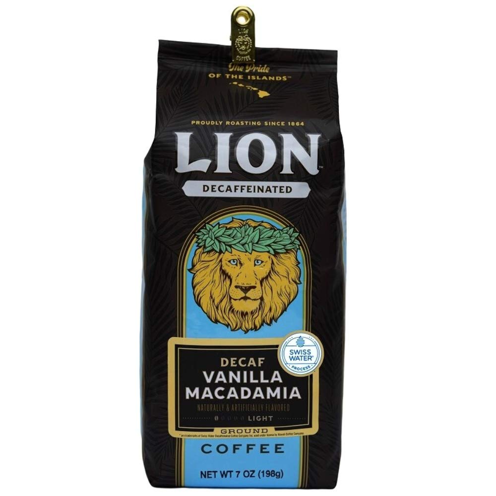 Lion Coffee Decaf Vanilla Macadamia 10oz bag front view with aroma.
