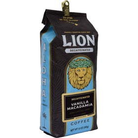 Lion Coffee Decaf Vanilla Macadamia label close-up highlighting flavor notes.