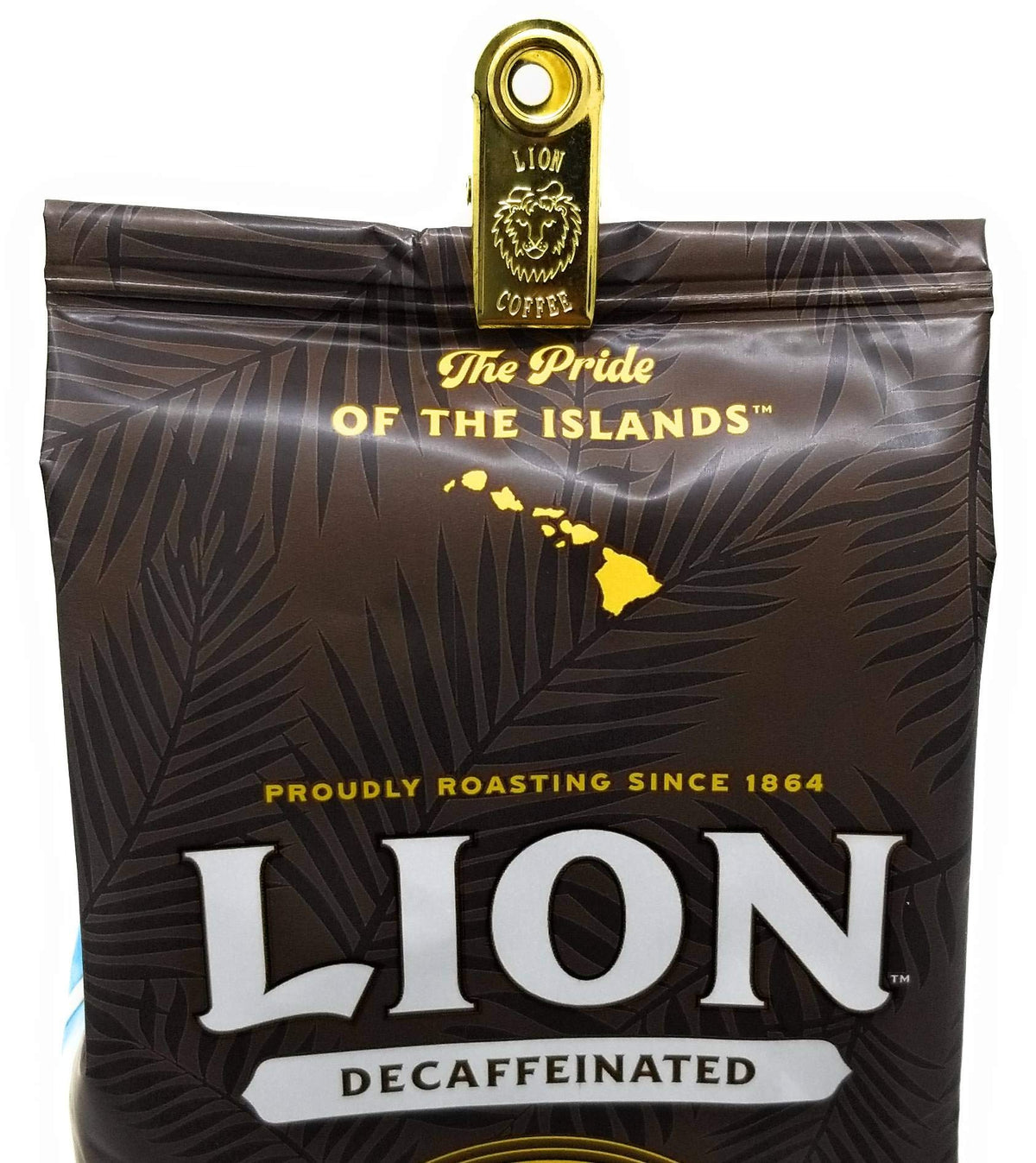 Lion Coffee bag with vanilla beans and macadamia nuts evokes tropical flavors.