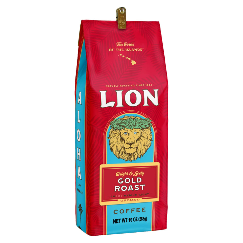 Lion Coffee Gold Roast bag front view with premium packaging and inviting aroma.