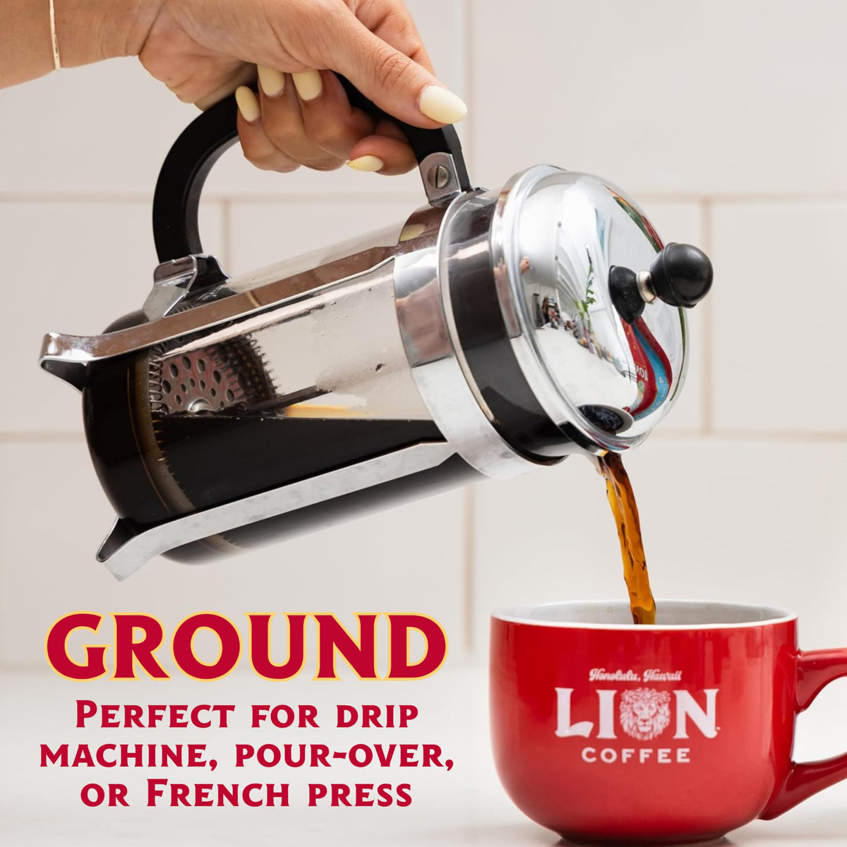 Lion Coffee light roast brew steaming cup with gentle tropical notes