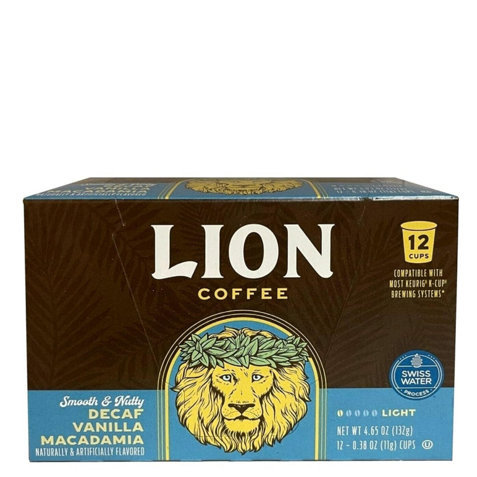 Lion Coffee Swiss Water decaf Vanilla Macadamia pods with tropical aroma for a smooth cup