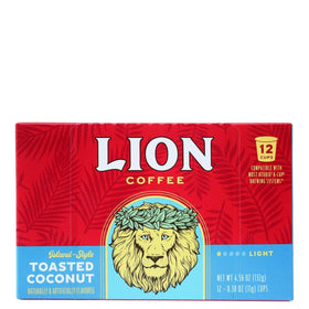 Lion Coffee toasted coconut pods pack showing convenient tropical flavor at home