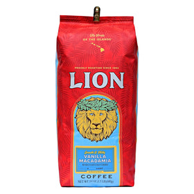 Lion Coffee Vanilla Macadamia ground coffee bag with inviting tropical aroma.