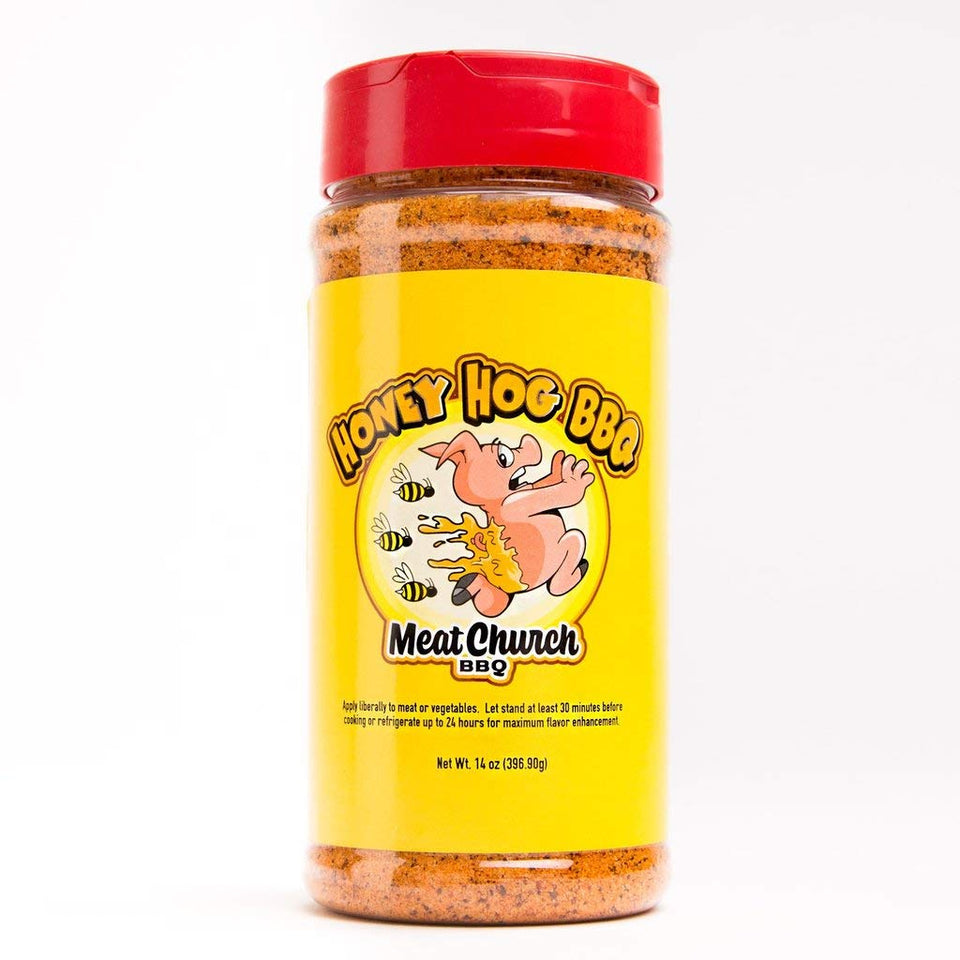 Lipontan Meat Church Honey Hog rub jar with label; elevates grilling flavor for meats and vegetables