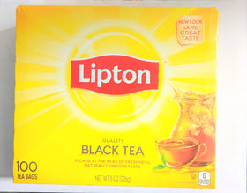 Lipton black tea bags in a 100-count box, ready for daily brewing.
