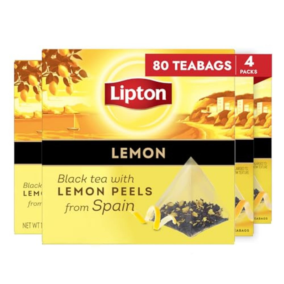 Lipton Black Tea Lemon pyramid teabags release vibrant citrus aroma.