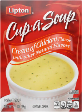 Lipton Cup-A-Soup Cream of Chicken bulk pack viewed from the box, quick flavorful lunch option.