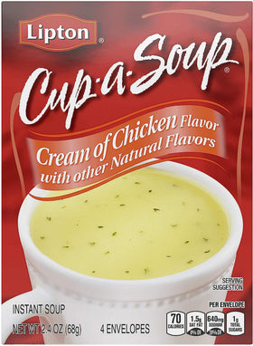 Lipton Cup-A-Soup Cream of Chicken noodles closeup, hearty bite in minutes