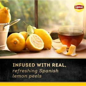 Lipton cup with lemon slice showcases inviting refreshment.