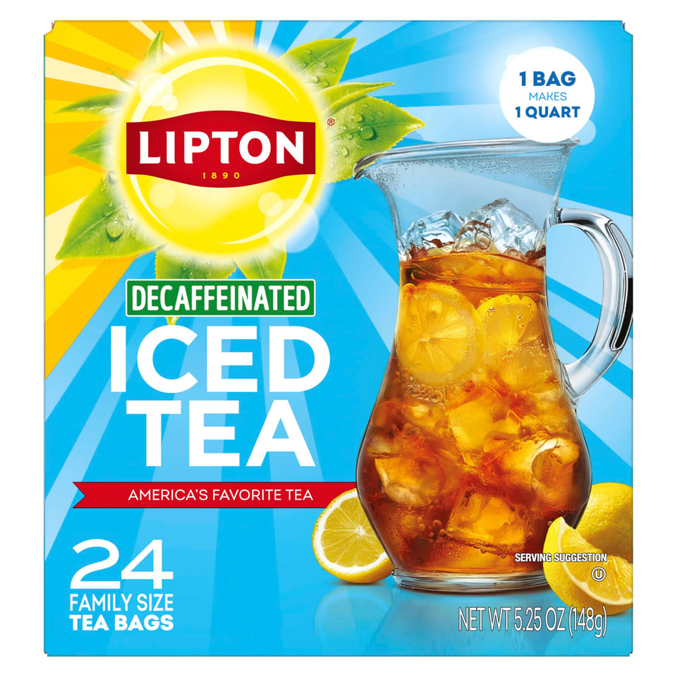 Lipton Decaf Black Iced Tea Bags closeup, crisp flavor ready for refreshing pitcher use