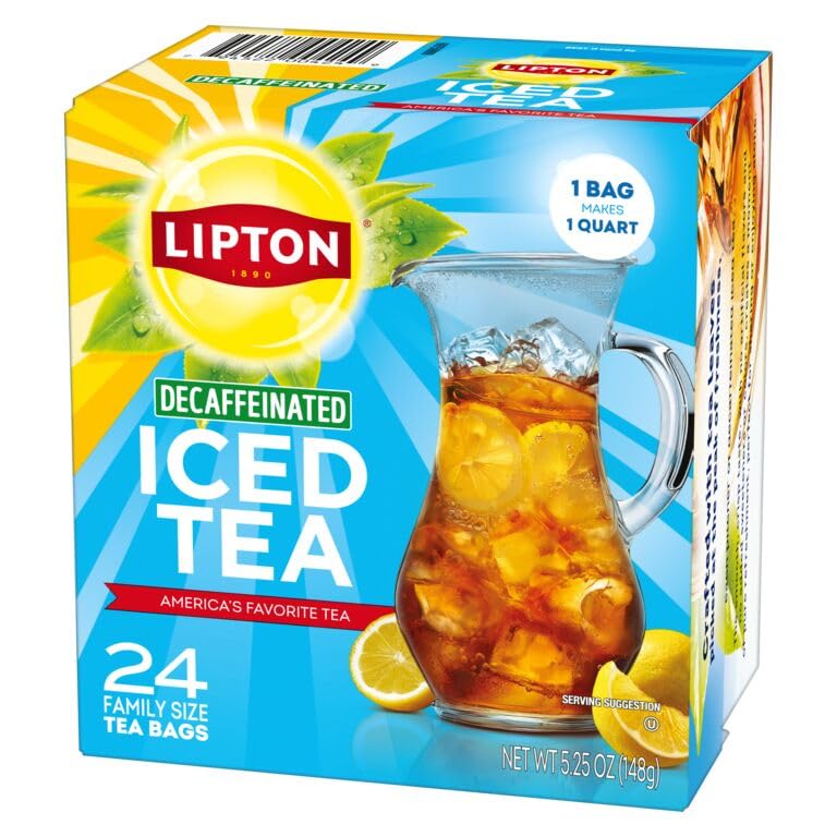 Clear glass with ice shows Lipton decaf tea color and chill refreshment.