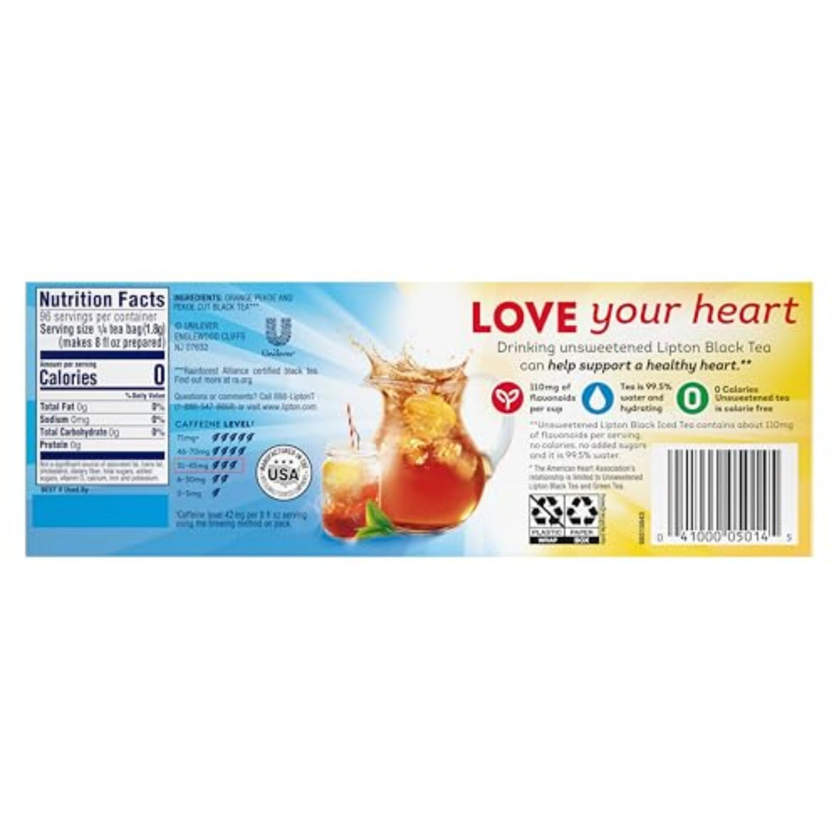 Lipton Decaf Cold Brew tea bags beside a glass of iced tea showing crisp flavor
