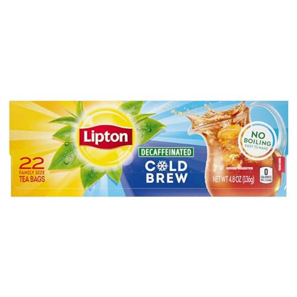 Lipton Decaf Cold Brew tea bags packaging for convenient iced tea without boiling