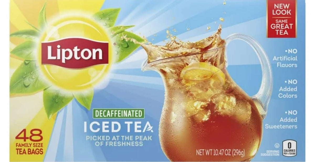 Lipton decaf unsweetened black iced tea bags, ideal for refreshing iced tea.