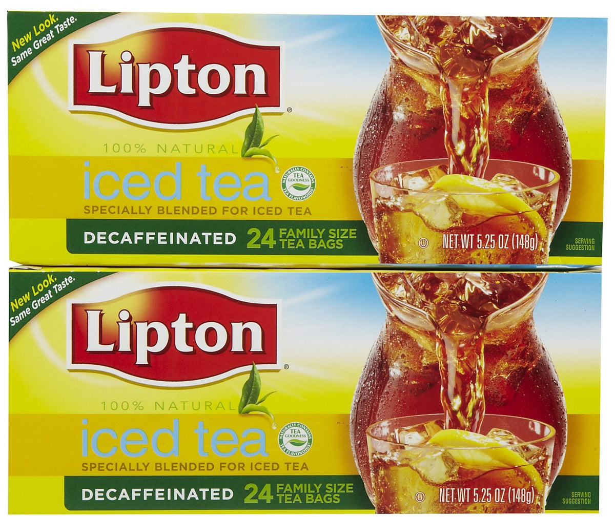 Lipton decaffeinated iced tea bags in two boxes for 48 servings.