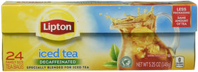 Lipton decaffeinated iced tea bags 24ct front packshot highlights real tea leaves for refreshing beverages.