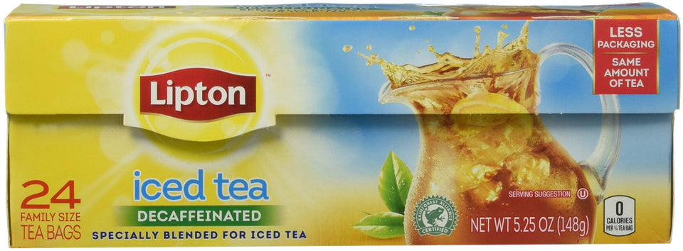 Lipton decaffeinated iced tea bags 24ct front packshot highlights real tea leaves for refreshing beverages.