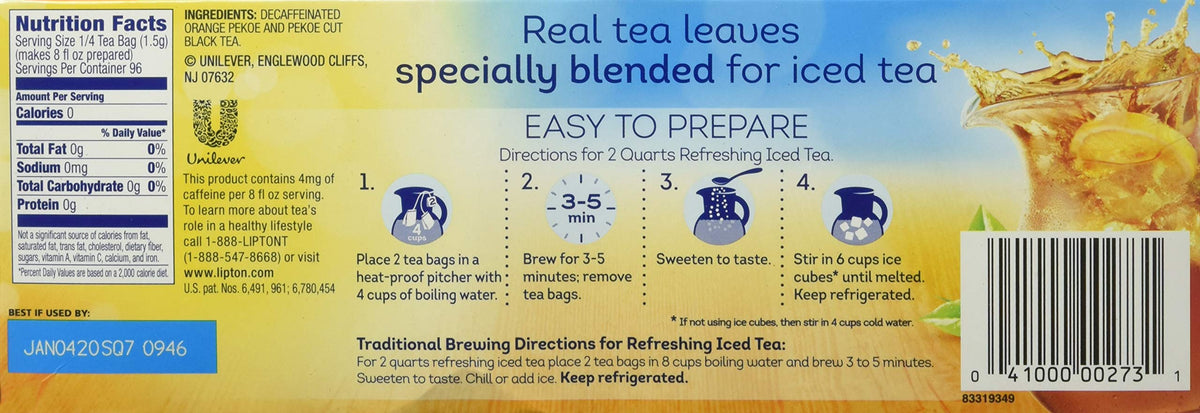Lipton decaffeinated iced tea bags 24ct closeup shows convenient family-size pack for easy brews.
