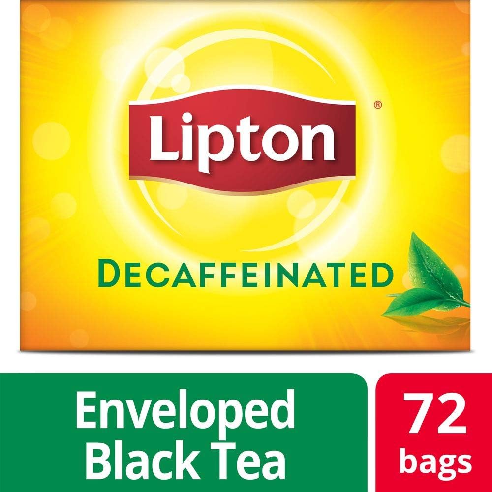 Lipton Decaffeinated Tea Bags box closeup highlights quality leaves and Stay Fresh packaging.