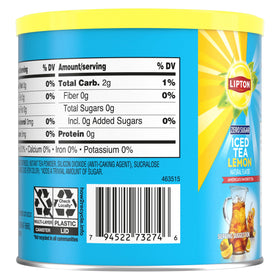 Lipton Diet Lemon Iced Tea label shows no sugar, lemon flavor.