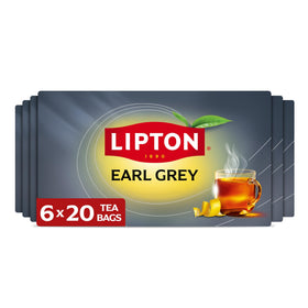 Lipton Earl Grey tea bags packaging box for six-pack, ideal bulk option.